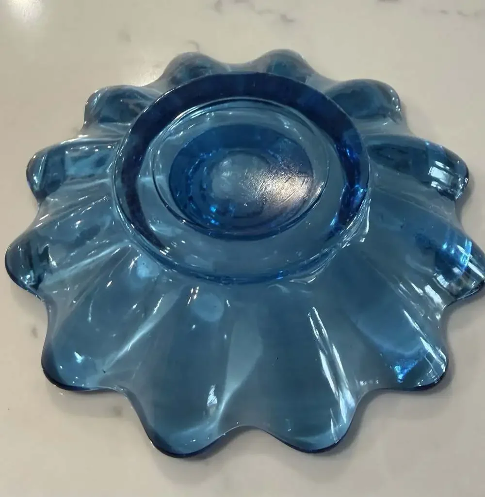 Pair Fostoria MCM Vintage cobalt glass petal candlestick holders